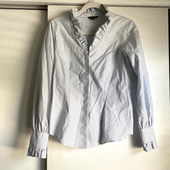 Brooks Brothers Tops - Brooks Brothers Pinstripe Ruffled V Neck Long Sleeve Shirt